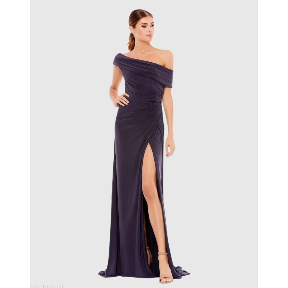 Mac Duggal‎ Ieena 26517 Foldover Off-the-Shoulder Slit Gown Charcoal Purple 0